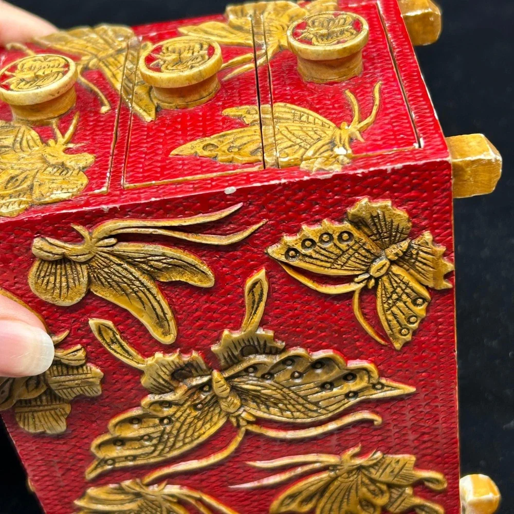 Carved Soapstone Vietnam Handmade Red Carved Butterfly Jewelry Drawer Box